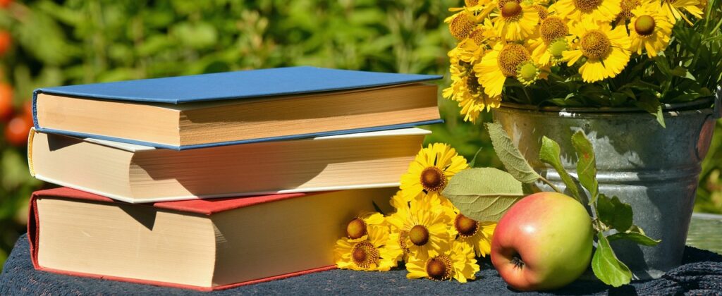 books, read, garden, sun bride, apple, literature, used books, relax, outdoors, stacked, nature, stack, still life