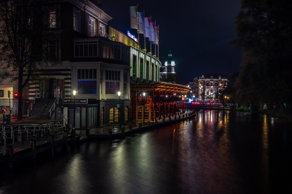 amsterdam, river, city, europe, netherlands, night, landscape, the casino, lights, 4k, 6k, hdr