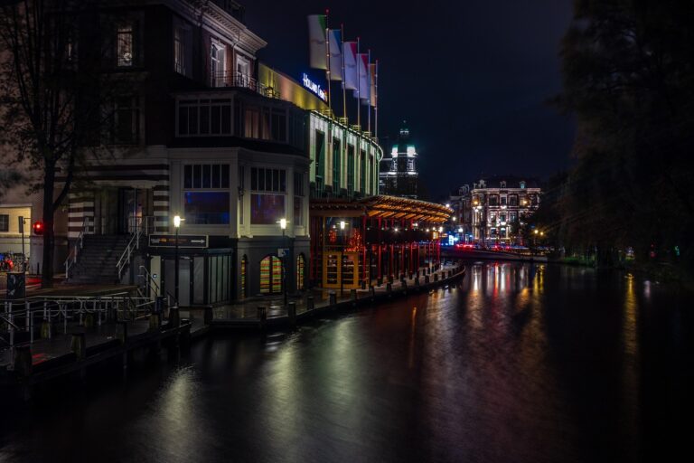 amsterdam, river, city, europe, netherlands, night, landscape, the casino, lights, 4k, 6k, hdr