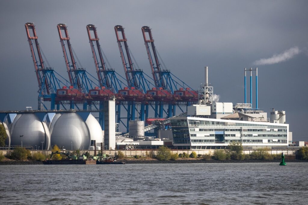 container cranes, industry, port, port cranes, cranes, sewage treatment plant, hamburg, köhlbrandhöft, elbe, harbor area, urban
