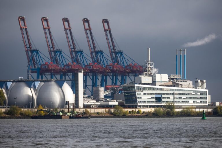 container cranes, industry, port, port cranes, cranes, sewage treatment plant, hamburg, köhlbrandhöft, elbe, harbor area, urban