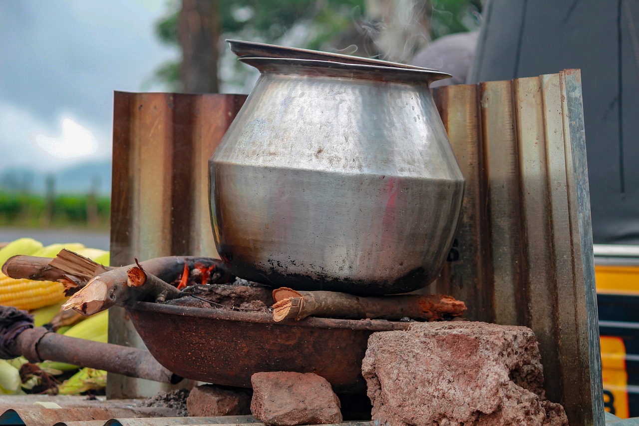 vessel, fire, pot, water, nature, outdoors, wooden, corn, sweetcorn, aluminium, tourism, travel, peaceful, wood, cooking, nutrition, cook, table, fresh, organic