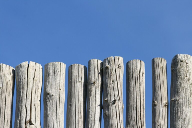 poles, wood, fence, worn, faded, sun-bleached, blue sky, natural, bleached, blue wood