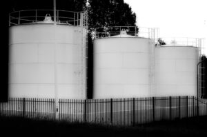 black and white, tank, nature, fence, trees, technique, water purification, pumping station