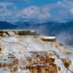 yellowstone national park, geyser, geothermal area, landscape, nature, national park, geology, united states, geothermal energy, volcano, nature wallpaper, waterfall, deposits, volcanic, layers, minerals, coloured, limescale deposits