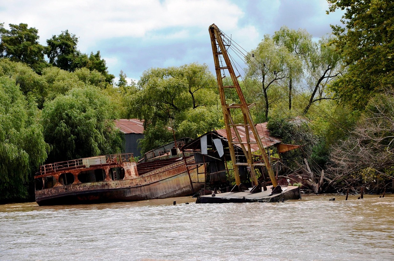 body of water, boat, river, travel, nature, sunken ship, old, corrosion
